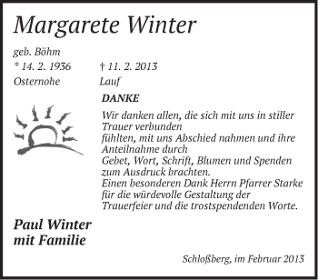 Traueranzeige von Margarete Winter von Pegnitz-Zeitung